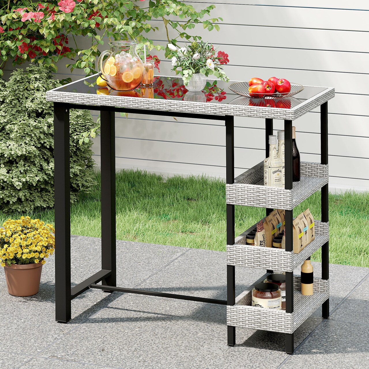 Mix Grey PE Rattan Bar Table with Tempered Glass Top and 3-Tier Shelves for Outdoor Patio